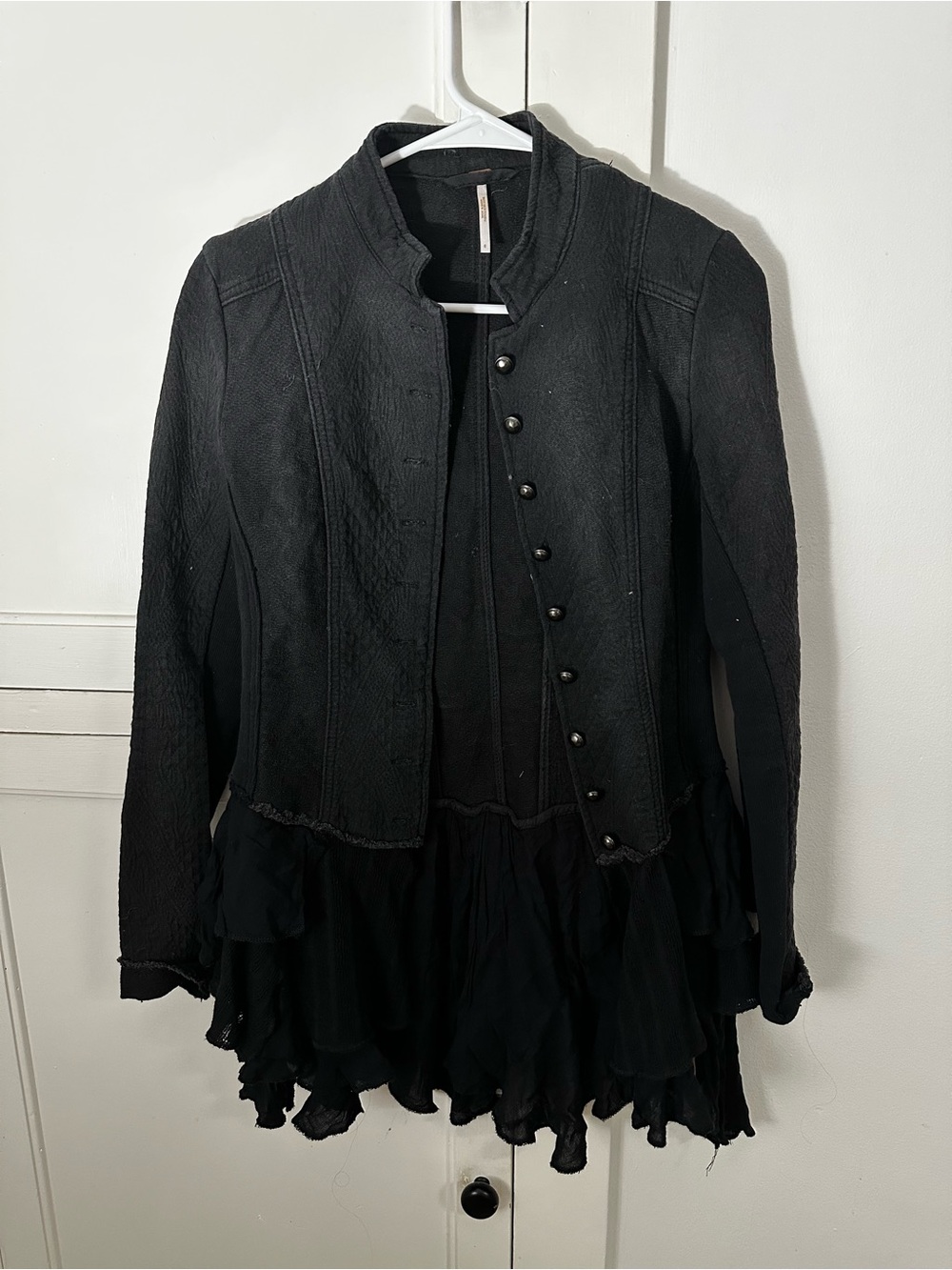 Free People Black Layered Ruffle Military-Style Jacket